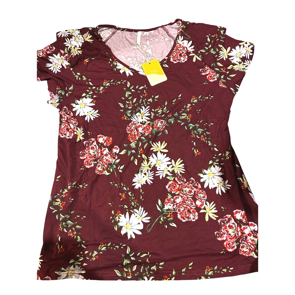 YVH Women's Burgundy XL Floral Print V Neck Short Sleeve Tunic‎ Top